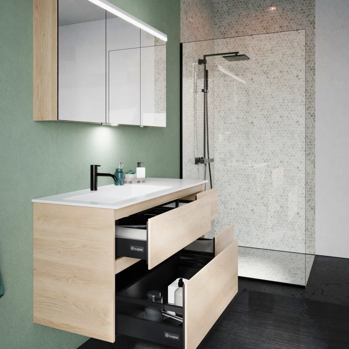 burgbad Lin20 Waschtischunterschrank mit Mineralguss-Waschtisch 122 cm, 4 Auszüge, links