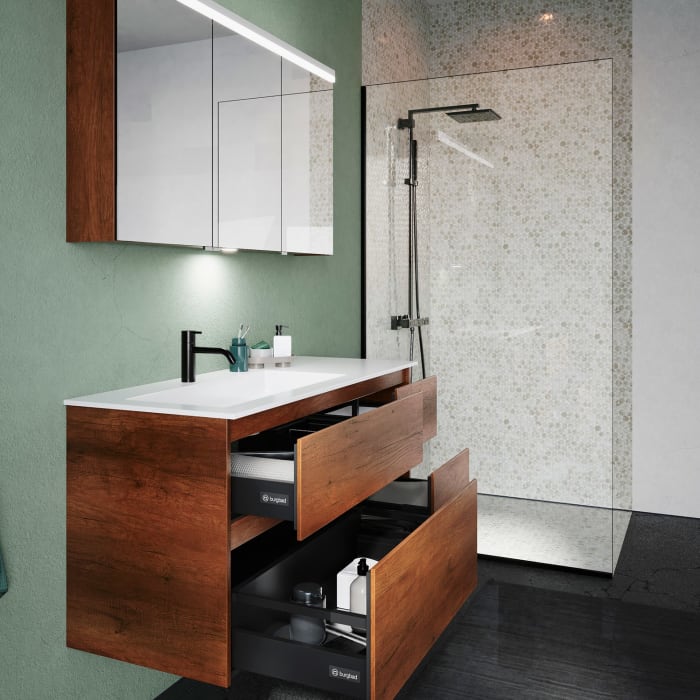 burgbad Lin20 Waschtischunterschrank mit Mineralguss-Waschtisch 122 cm, 4 Auszüge, links