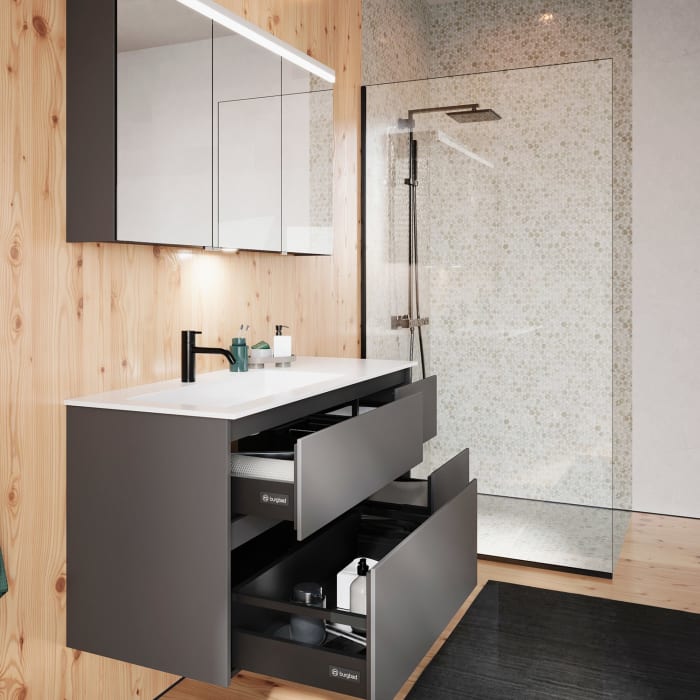 burgbad Lin20 Waschtischunterschrank mit Mineralguss-Waschtisch 122 cm, 4 Auszüge, links