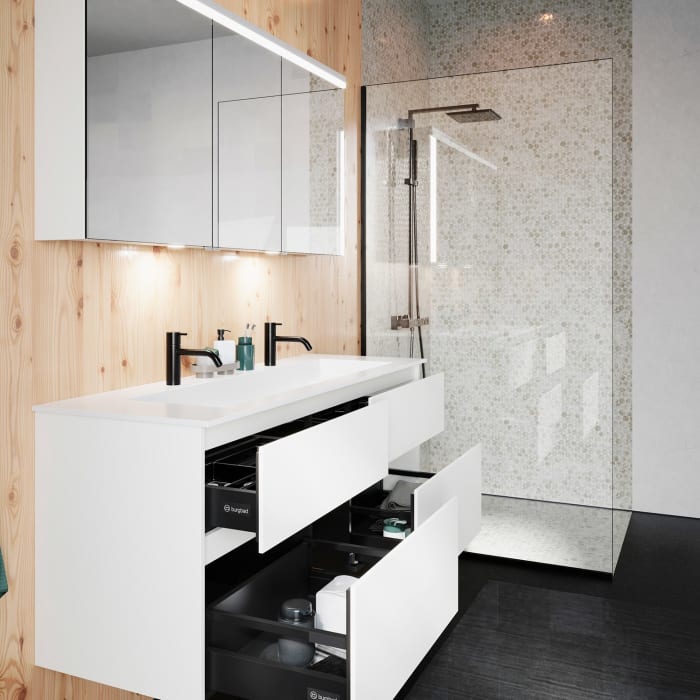 burgbad Lin20 Waschtischunterschrank mit Mineralguss-Waschtisch 142 cm, 4 Auszüge