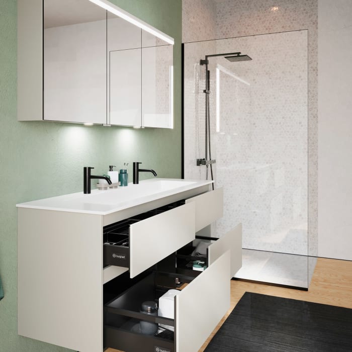 burgbad Lin20 Waschtischunterschrank mit Mineralguss-Waschtisch 142 cm, 4 Auszüge