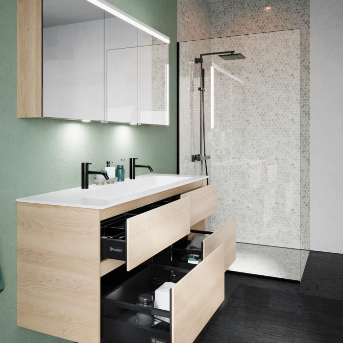 burgbad Lin20 Waschtischunterschrank mit Mineralguss-Waschtisch 142 cm, 4 Auszüge