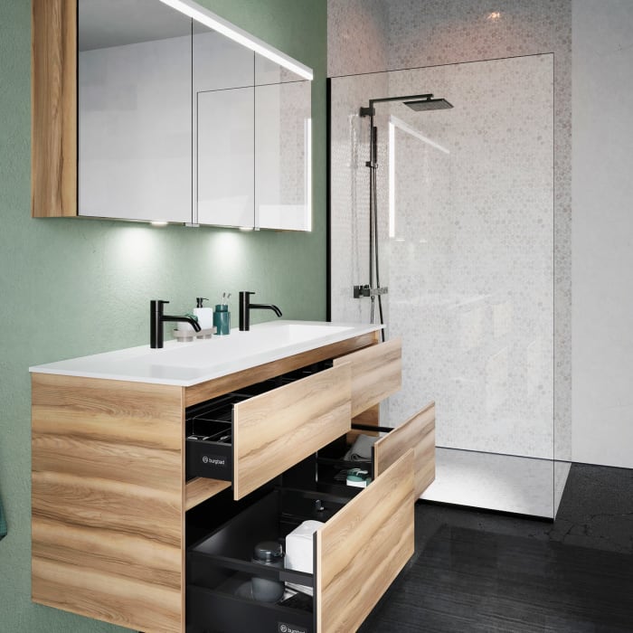 burgbad Lin20 Waschtischunterschrank mit Mineralguss-Waschtisch 142 cm, 4 Auszüge