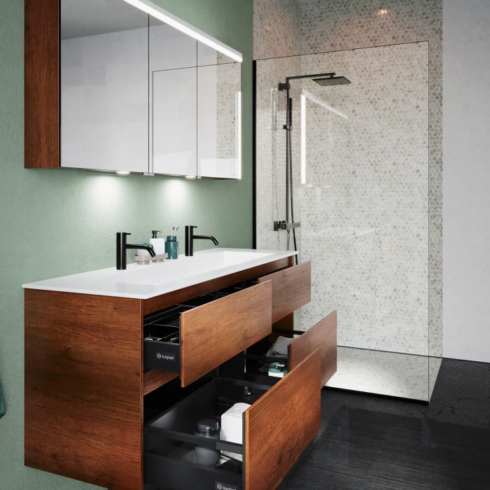 burgbad Lin20 Waschtischunterschrank mit Mineralguss-Waschtisch 142 cm, 4 Auszüge