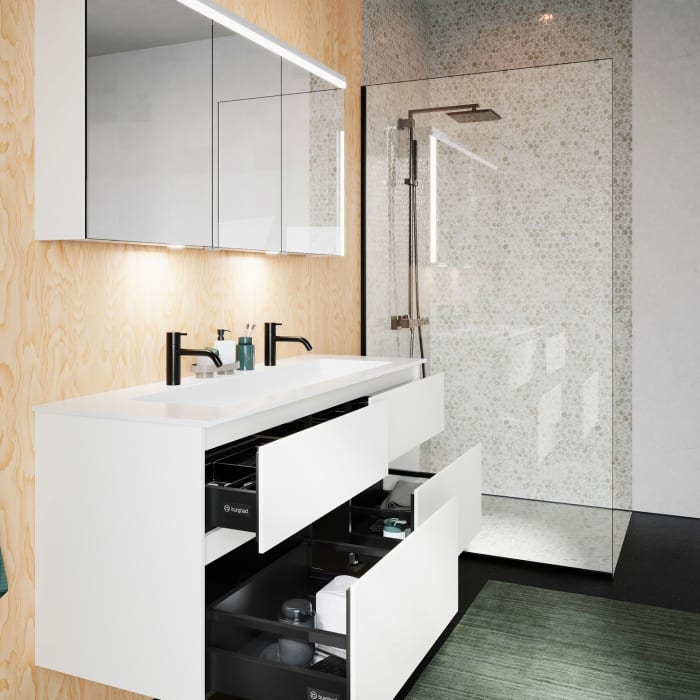 burgbad Lin20 Waschtischunterschrank mit Mineralguss-Waschtisch 142 cm, 4 Auszüge