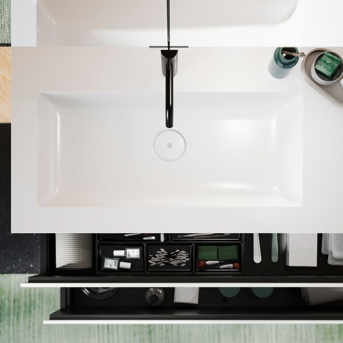 burgbad Lin20 Waschtischunterschrank mit Mineralguss-Waschtisch 122 cm, 2 Auszüge, links