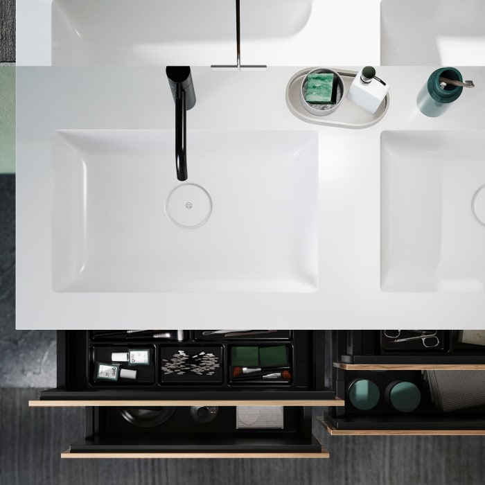 burgbad Lin20 Waschtischunterschrank mit Mineralguss-Doppelwaschtisch 122 cm, 4 Auszüge, links und rechts