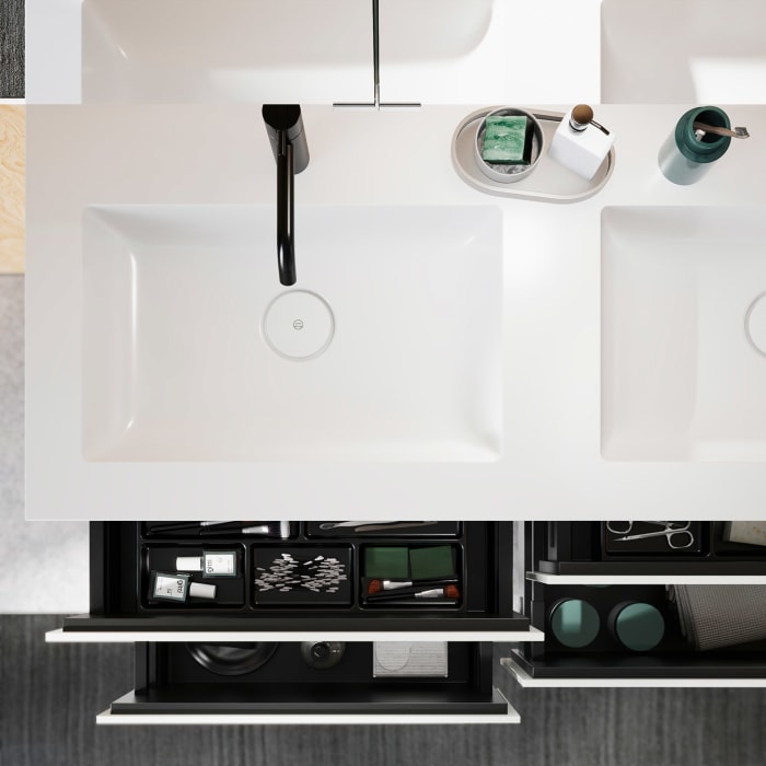 burgbad Lin20 Waschtischunterschrank mit Mineralguss-Doppelwaschtisch 122 cm, 4 Auszüge, links und rechts