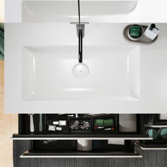 burgbad Lin20 Waschtischunterschrank mit Mineralguss-Doppelwaschtisch 162 cm, 4 Auszüge, links und rechts