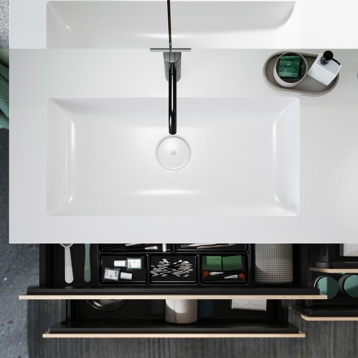 burgbad Lin20 Waschtischunterschrank mit Mineralguss-Doppelwaschtisch 162 cm, 4 Auszüge, links und rechts