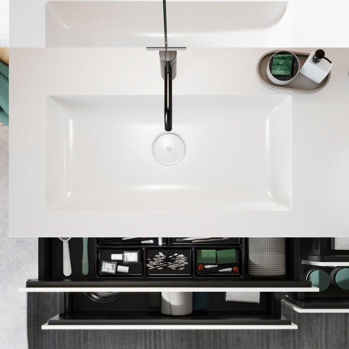 burgbad Lin20 Waschtischunterschrank mit Mineralguss-Doppelwaschtisch 162 cm, 4 Auszüge, links und rechts