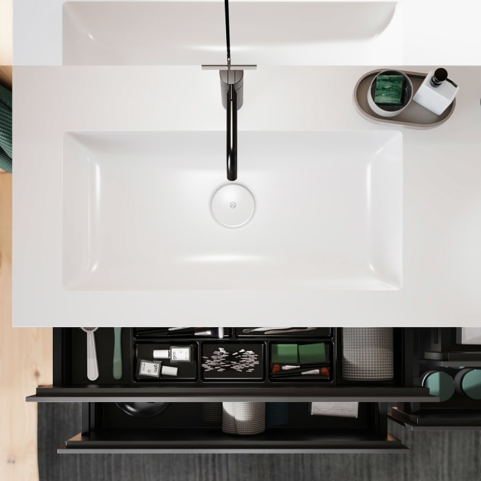 burgbad Lin20 Waschtischunterschrank mit Mineralguss-Doppelwaschtisch 162 cm, 4 Auszüge, links und rechts