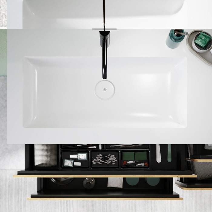 burgbad Lin20 Waschtischunterschrank mit Mineralguss-Waschtisch 122 cm, 4 Auszüge, links