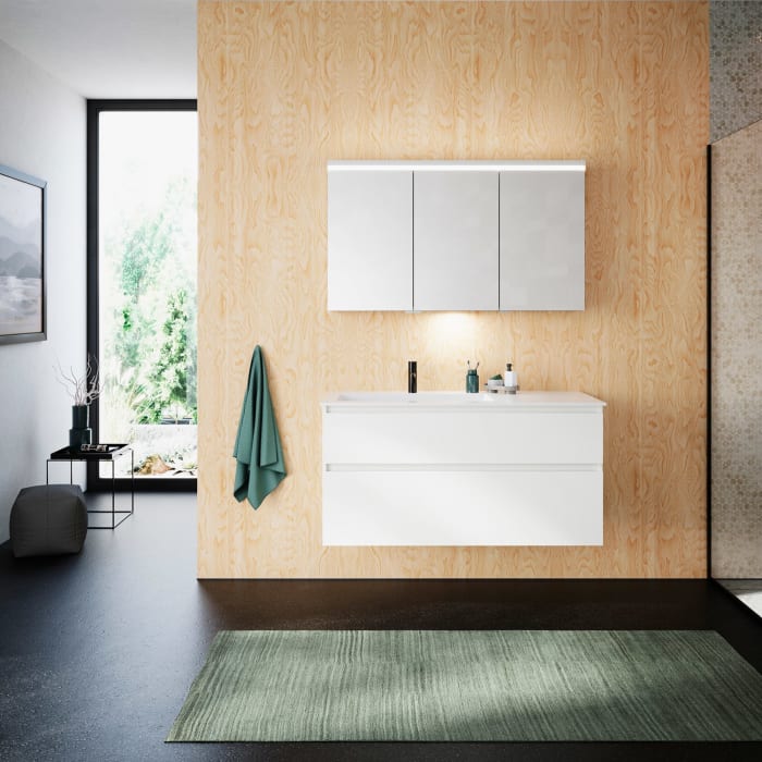 burgbad Lin20 Waschtischunterschrank mit Mineralguss-Waschtisch 122 cm, 2 Auszüge, links