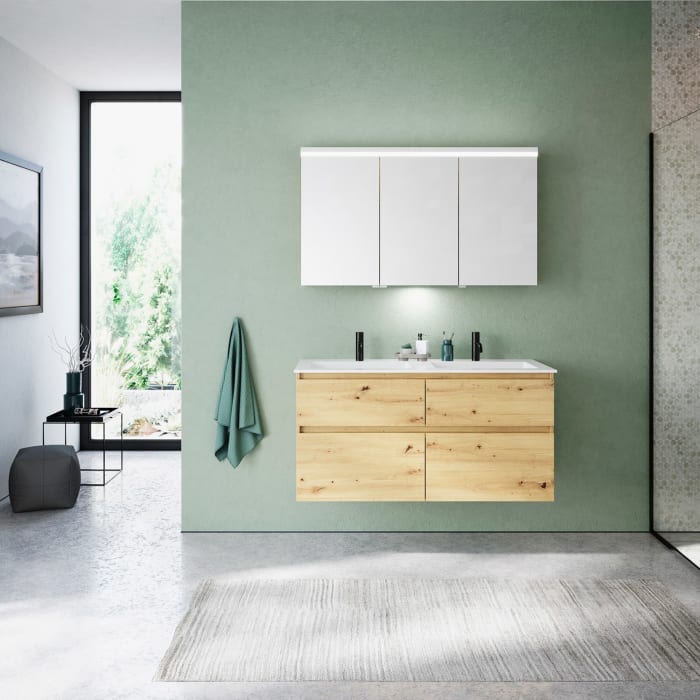 burgbad Lin20 Waschtischunterschrank mit Mineralguss-Doppelwaschtisch 122 cm, 4 Auszüge, links und rechts