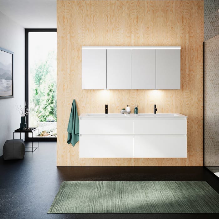 burgbad Lin20 Waschtischunterschrank mit Mineralguss-Doppelwaschtisch 162 cm, 4 Auszüge, links und rechts