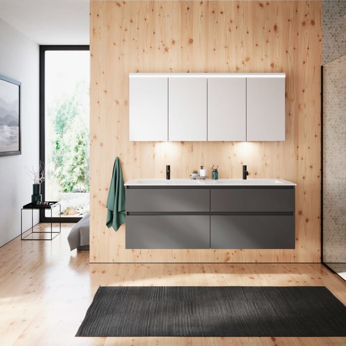 burgbad Lin20 Waschtischunterschrank mit Mineralguss-Doppelwaschtisch 162 cm, 4 Auszüge, links und rechts