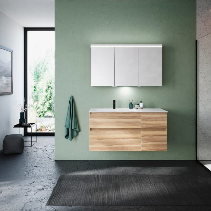 burgbad Lin20 Waschtischunterschrank mit Mineralguss-Waschtisch 122 cm, 4 Auszüge, links