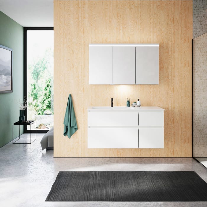 burgbad Lin20 Waschtischunterschrank mit Mineralguss-Waschtisch 122 cm, 4 Auszüge, links