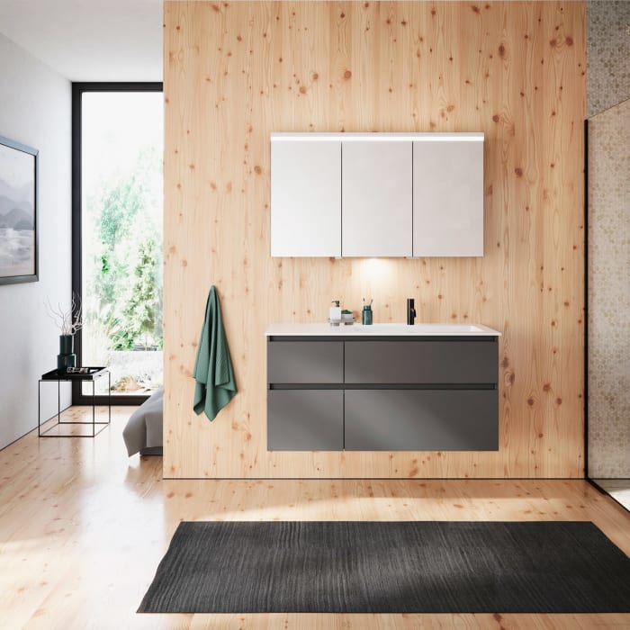 burgbad Lin20 Waschtischunterschrank mit Mineralguss-Waschtisch 122 cm, 4 Auszüge, rechts