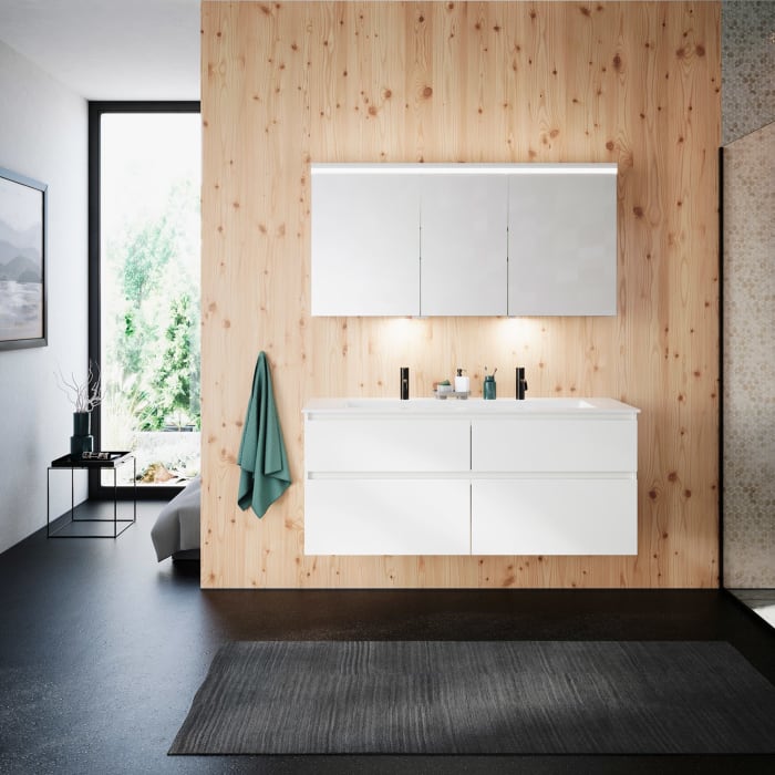 burgbad Lin20 Waschtischunterschrank mit Mineralguss-Waschtisch 142 cm, 4 Auszüge