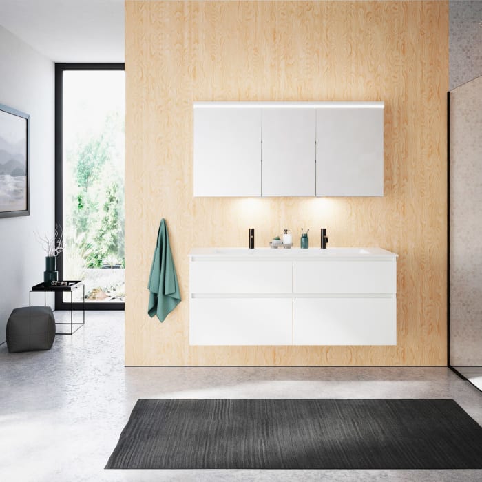 burgbad Lin20 Waschtischunterschrank mit Mineralguss-Waschtisch 142 cm, 4 Auszüge