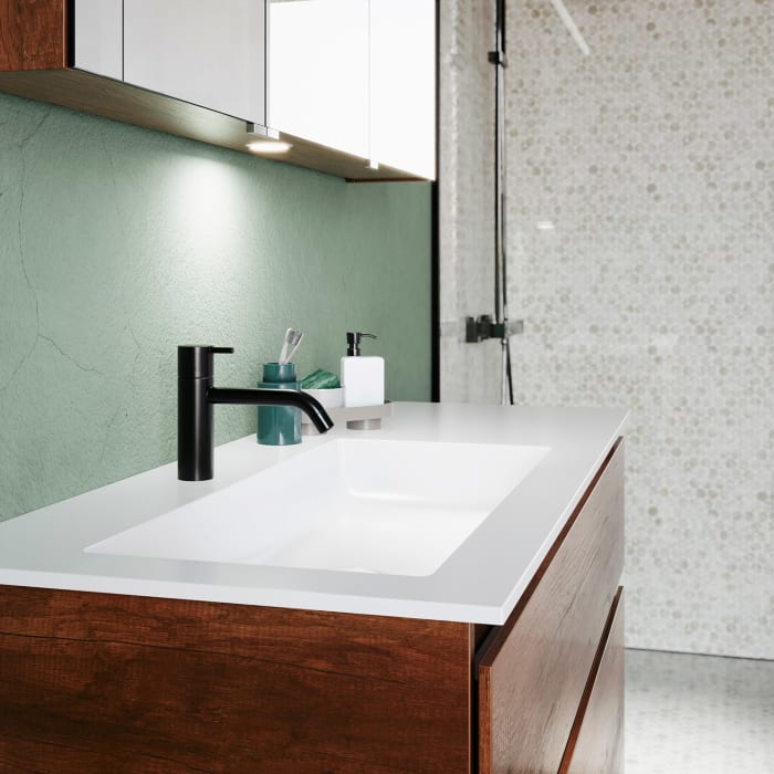 burgbad Lin20 Waschtischunterschrank mit Mineralguss-Waschtisch 122 cm, 2 Auszüge, links