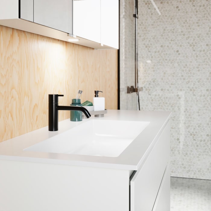 burgbad Lin20 Waschtischunterschrank mit Mineralguss-Waschtisch 122 cm, 2 Auszüge, links