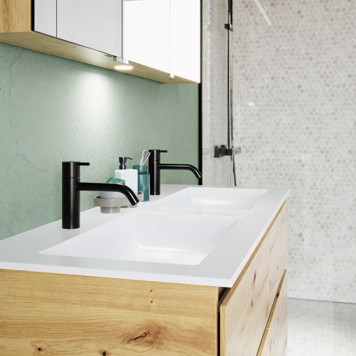 burgbad Lin20 Waschtischunterschrank mit Mineralguss-Doppelwaschtisch 122 cm, 4 Auszüge, links und rechts