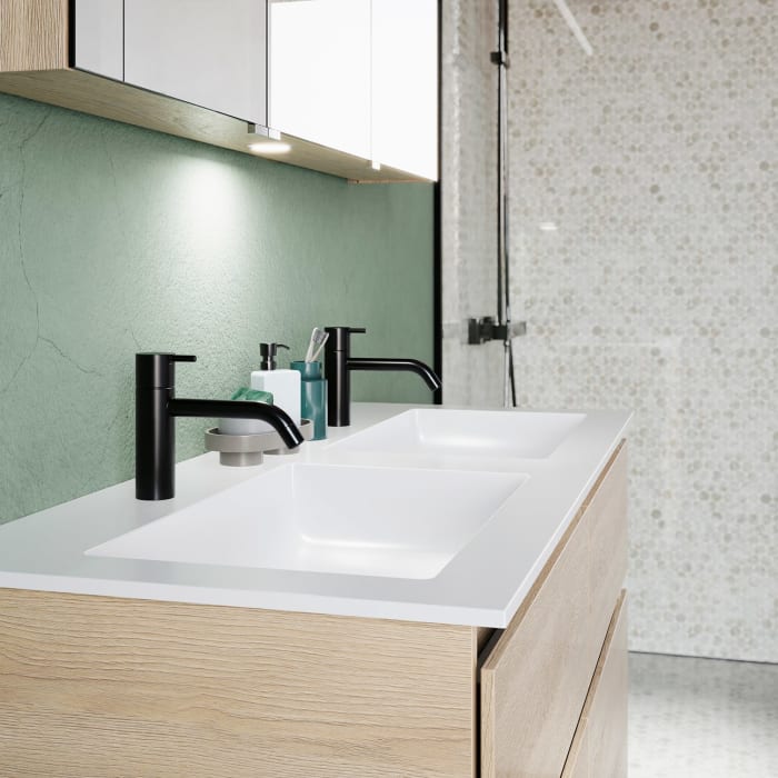 burgbad Lin20 Waschtischunterschrank mit Mineralguss-Doppelwaschtisch 122 cm, 4 Auszüge, links und rechts