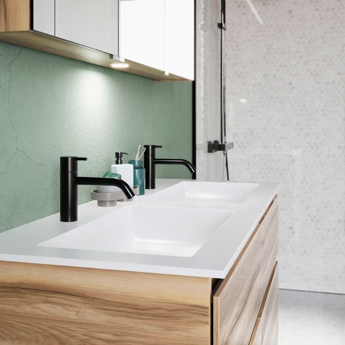 burgbad Lin20 Waschtischunterschrank mit Mineralguss-Doppelwaschtisch 122 cm, 4 Auszüge, links und rechts