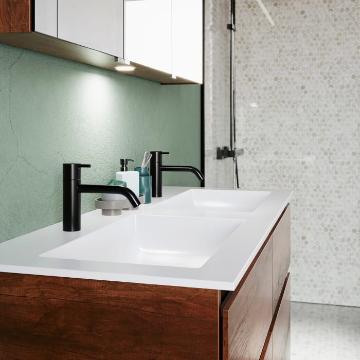 burgbad Lin20 Waschtischunterschrank mit Mineralguss-Doppelwaschtisch 122 cm, 4 Auszüge, links und rechts