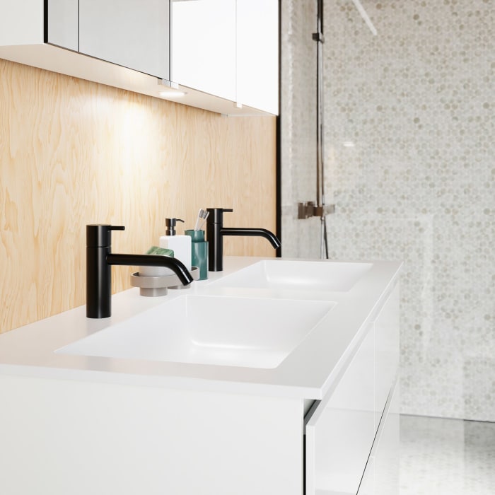 burgbad Lin20 Waschtischunterschrank mit Mineralguss-Doppelwaschtisch 122 cm, 4 Auszüge, links und rechts