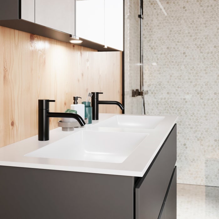 burgbad Lin20 Waschtischunterschrank mit Mineralguss-Doppelwaschtisch 122 cm, 4 Auszüge, links und rechts