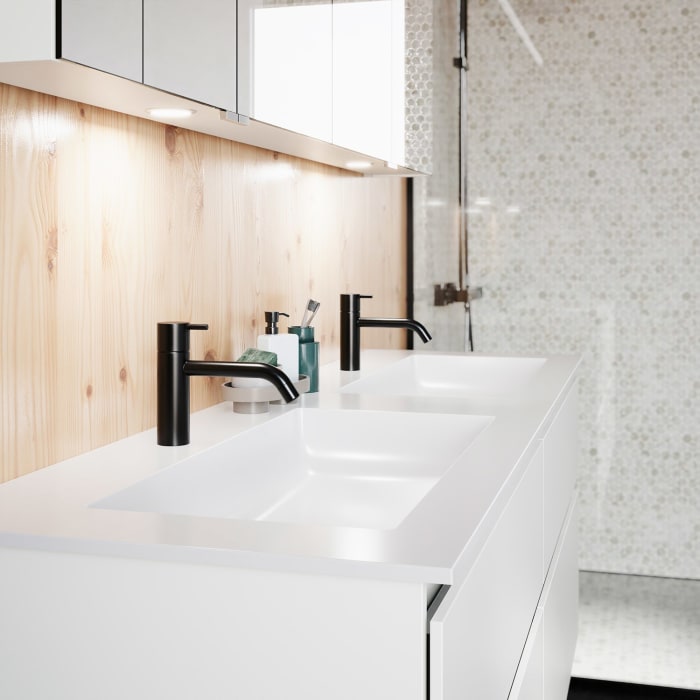 burgbad Lin20 Waschtischunterschrank mit Mineralguss-Doppelwaschtisch 162 cm, 4 Auszüge, links und rechts