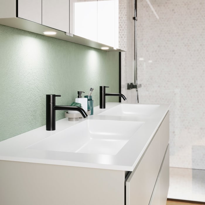 burgbad Lin20 Waschtischunterschrank mit Mineralguss-Doppelwaschtisch 162 cm, 4 Auszüge, links und rechts