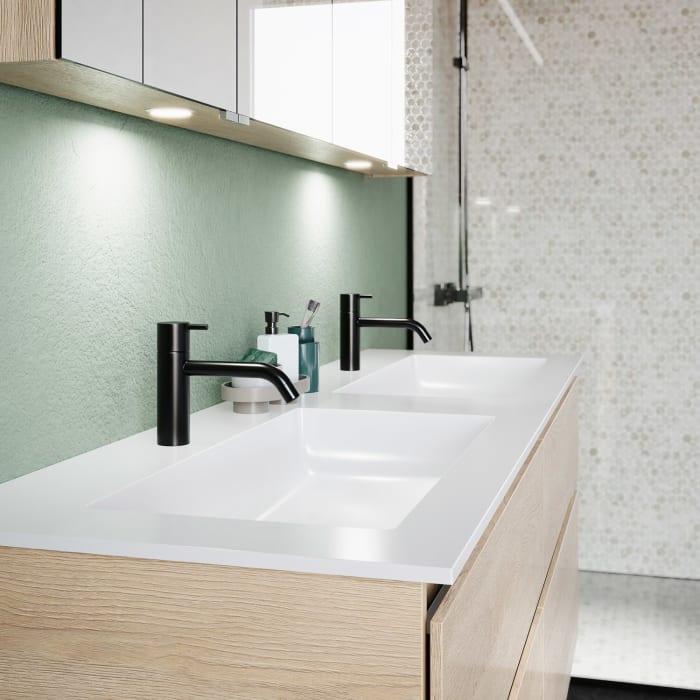 burgbad Lin20 Waschtischunterschrank mit Mineralguss-Doppelwaschtisch 162 cm, 4 Auszüge, links und rechts