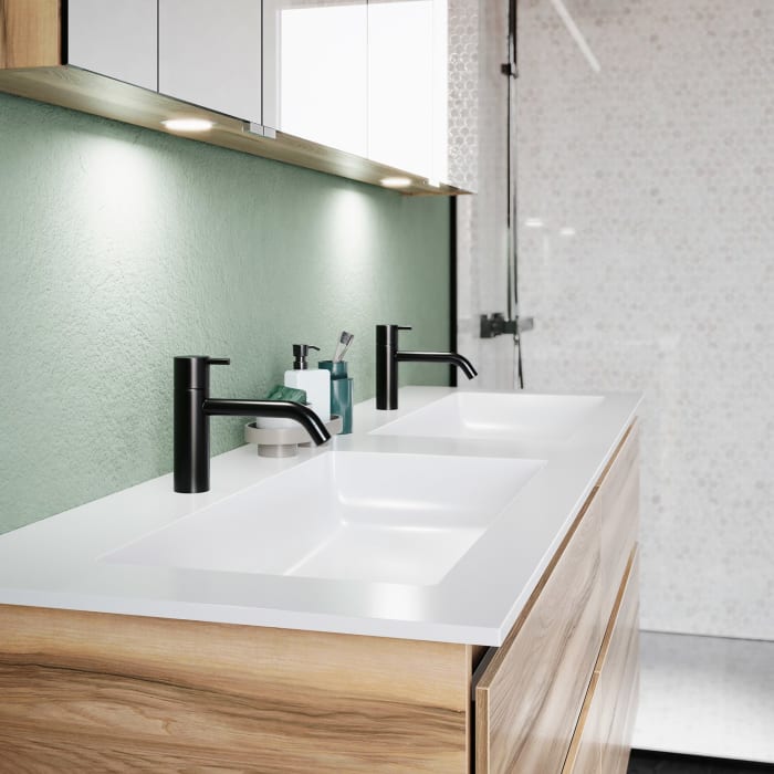 burgbad Lin20 Waschtischunterschrank mit Mineralguss-Doppelwaschtisch 162 cm, 4 Auszüge, links und rechts