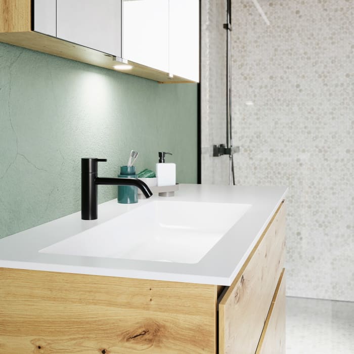 burgbad Lin20 Waschtischunterschrank mit Mineralguss-Waschtisch 122 cm, 4 Auszüge, links