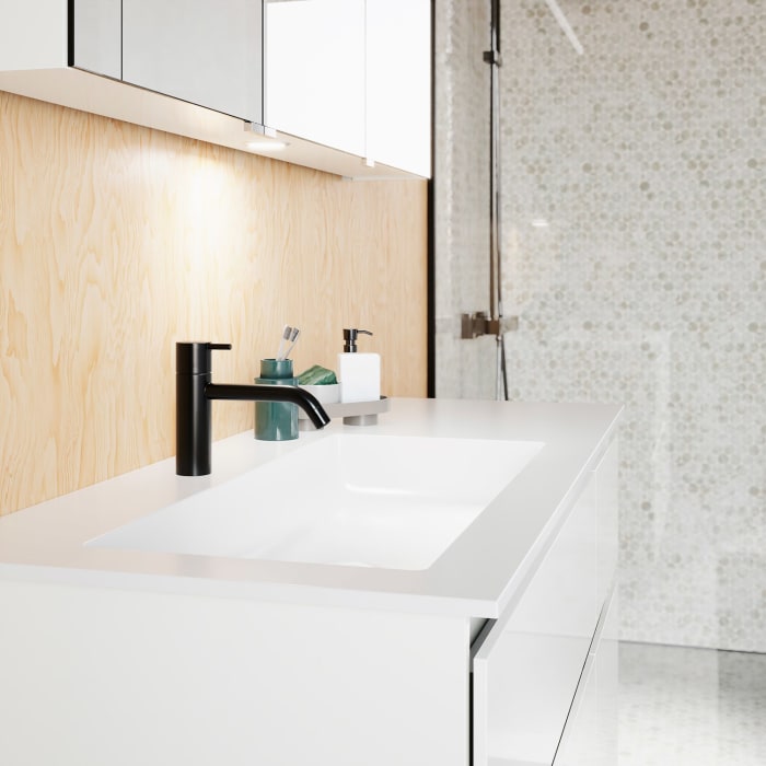 burgbad Lin20 Waschtischunterschrank mit Mineralguss-Waschtisch 122 cm, 4 Auszüge, links