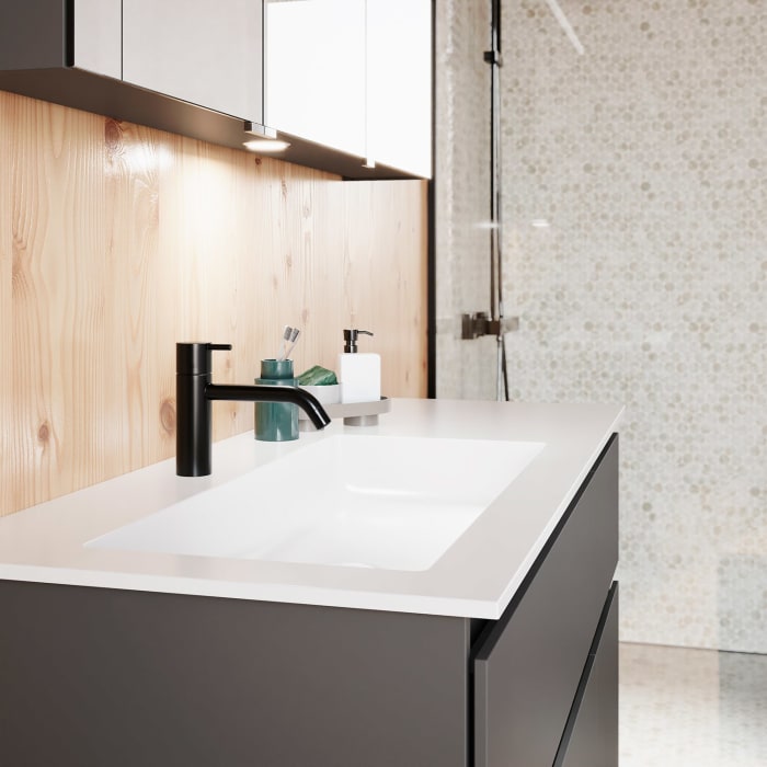 burgbad Lin20 Waschtischunterschrank mit Mineralguss-Waschtisch 122 cm, 4 Auszüge, links