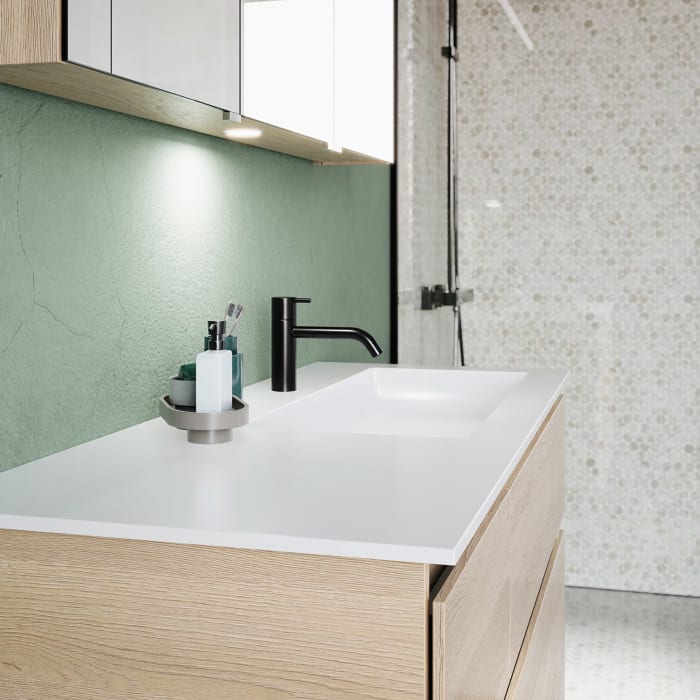 burgbad Lin20 Waschtischunterschrank mit Mineralguss-Waschtisch 122 cm, 4 Auszüge, rechts