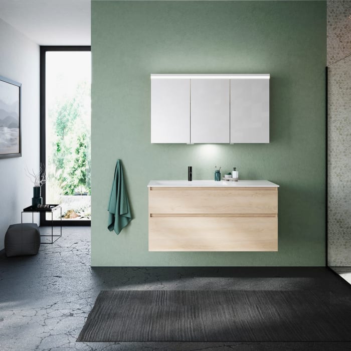 burgbad Lin20 Waschtischunterschrank mit Mineralguss-Waschtisch 122 cm, 2 Auszüge, links