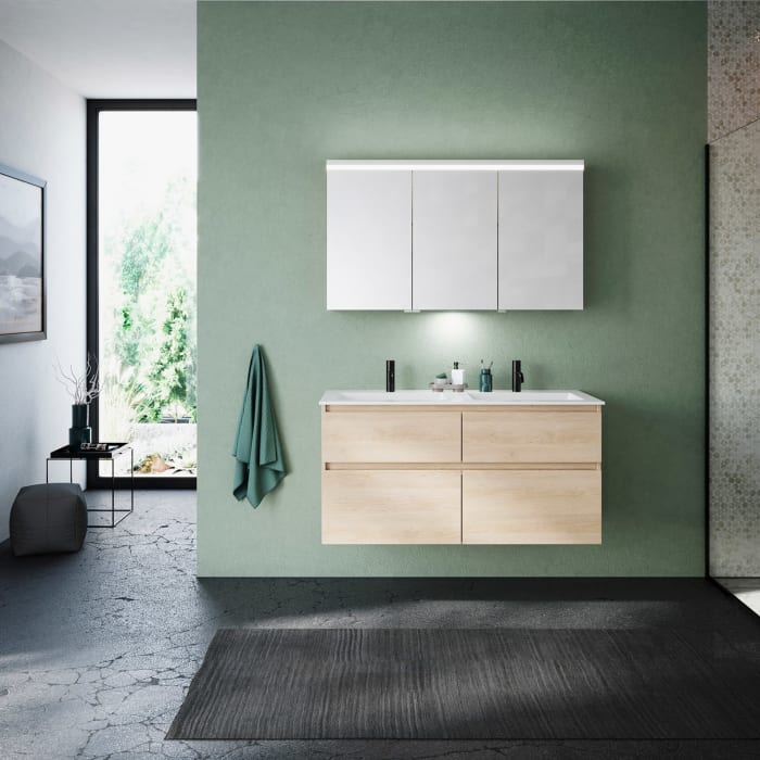 burgbad Lin20 Waschtischunterschrank mit Mineralguss-Doppelwaschtisch 122 cm, 4 Auszüge, links und rechts