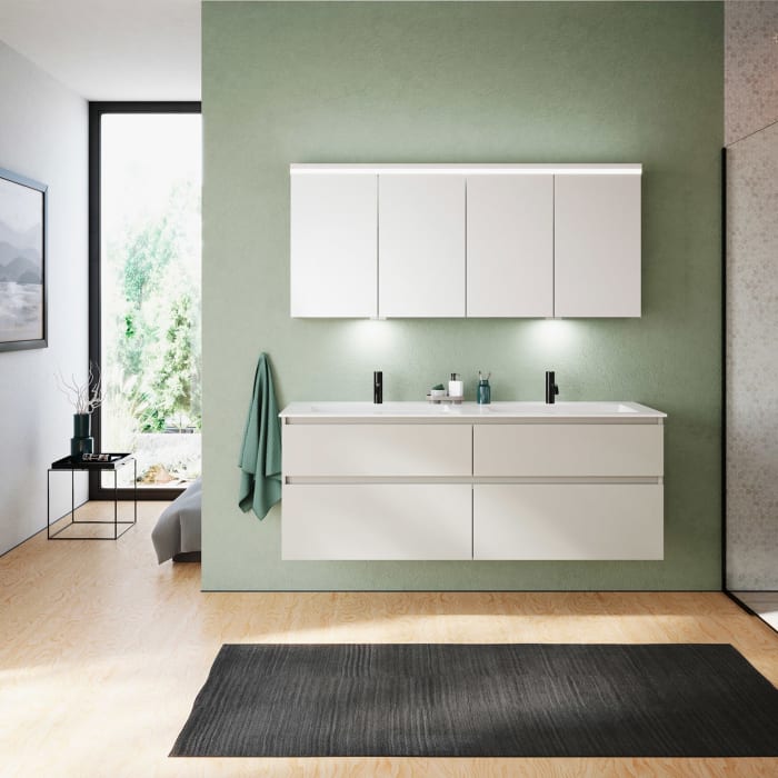 burgbad Lin20 Waschtischunterschrank mit Mineralguss-Doppelwaschtisch 162 cm, 4 Auszüge, links und rechts