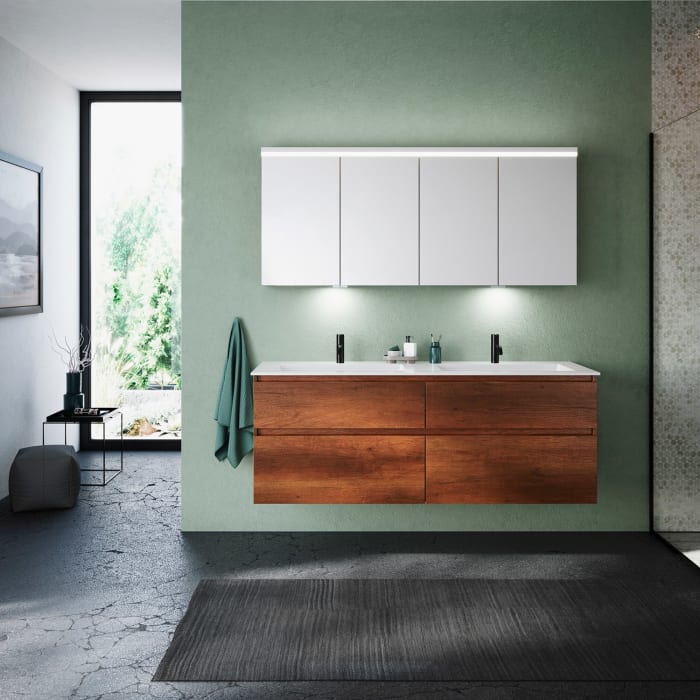 burgbad Lin20 Waschtischunterschrank mit Mineralguss-Doppelwaschtisch 162 cm, 4 Auszüge, links und rechts