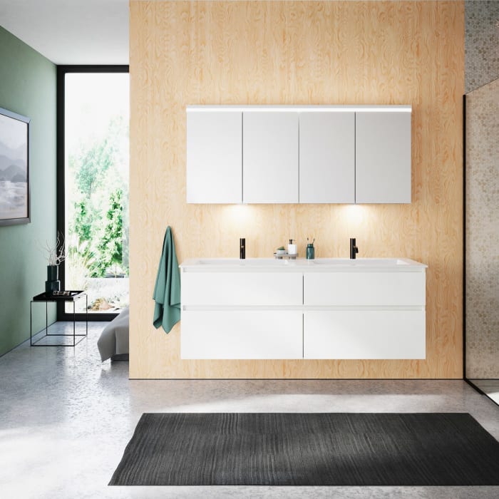 burgbad Lin20 Waschtischunterschrank mit Mineralguss-Doppelwaschtisch 162 cm, 4 Auszüge, links und rechts