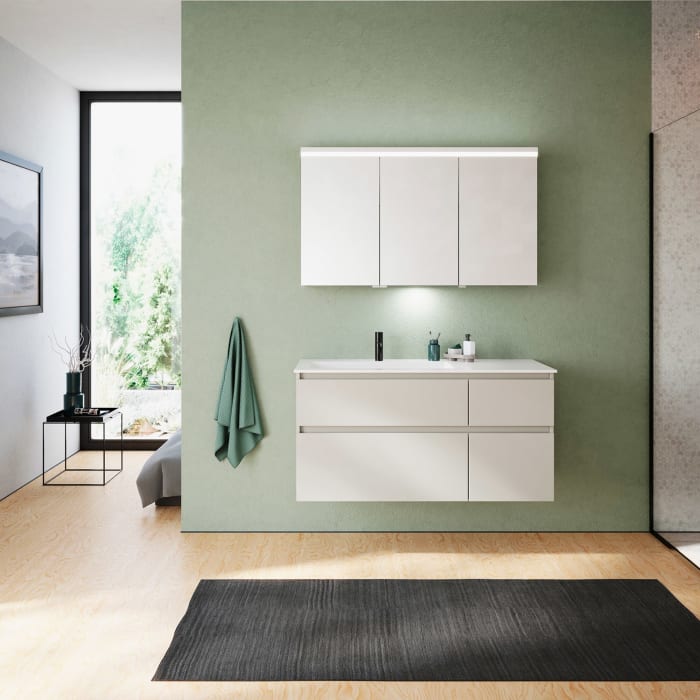 burgbad Lin20 Waschtischunterschrank mit Mineralguss-Waschtisch 122 cm, 4 Auszüge, links