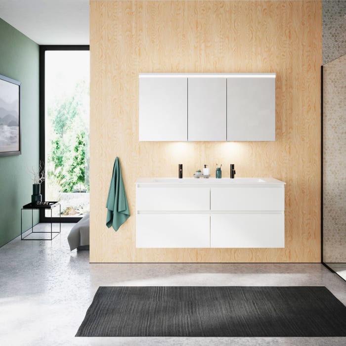 burgbad Lin20 Waschtischunterschrank mit Mineralguss-Waschtisch 142 cm, 4 Auszüge