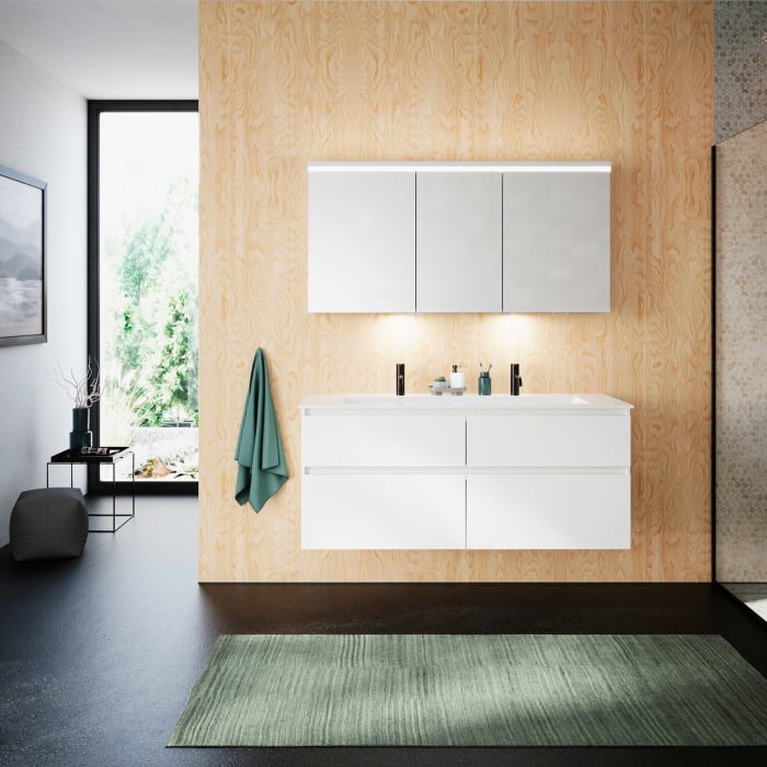 burgbad Lin20 Waschtischunterschrank mit Mineralguss-Waschtisch 142 cm, 4 Auszüge